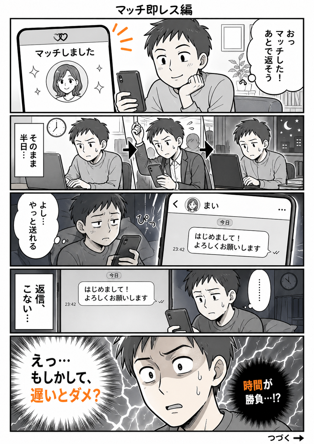 最初のメッセージのコツを説明する漫画